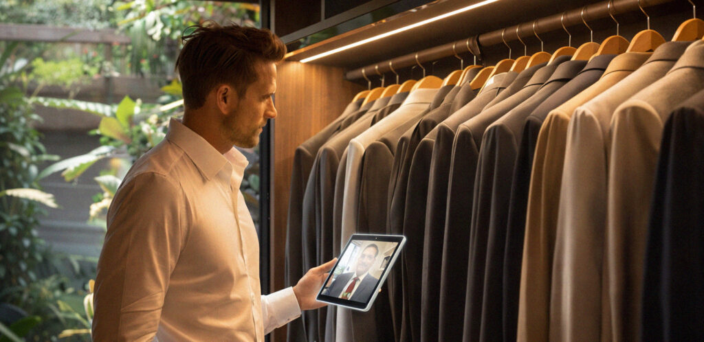 Man reviewing wardrobe with a tablet